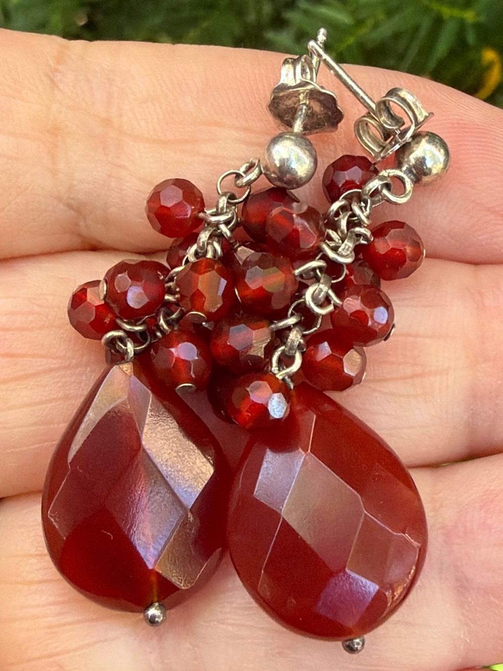 VINTAGE FACETED CARNELIAN AGATE DROP DANGLE CLUSTER EARRINGS 925 STERLING SILVER